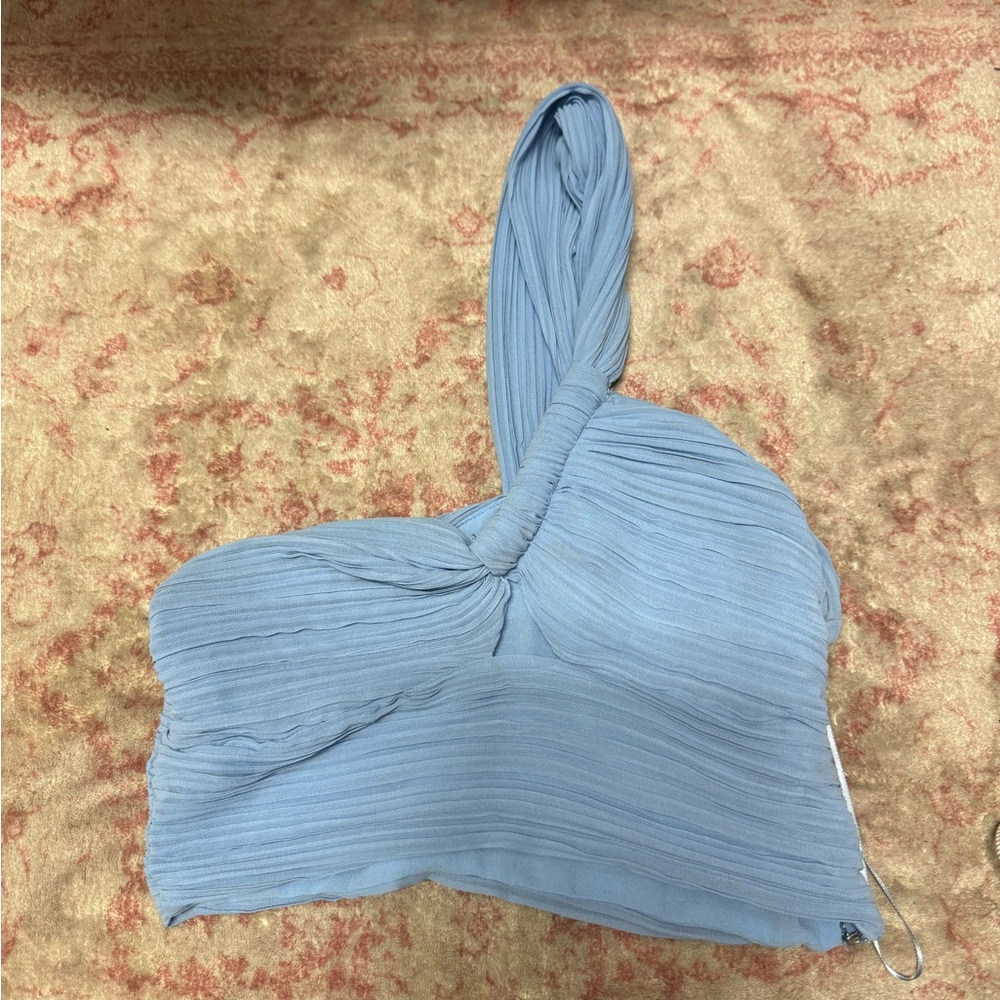 Blue One-Shoulder Pleated Top